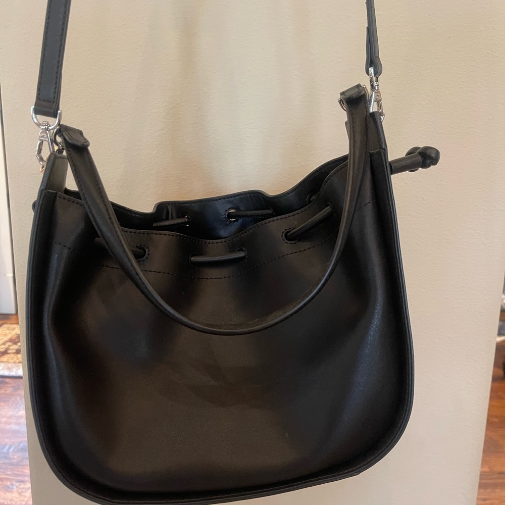 Black Leather Drawstring Oryany Drawstring Bucket… - image 2